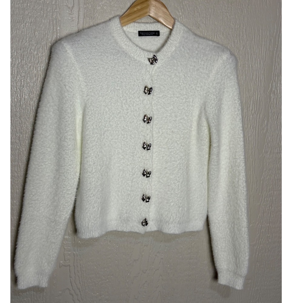 Emerson Lang White Eyelash Knit Cardigan Silver Bow Buttons Fuzzy Sweater Large